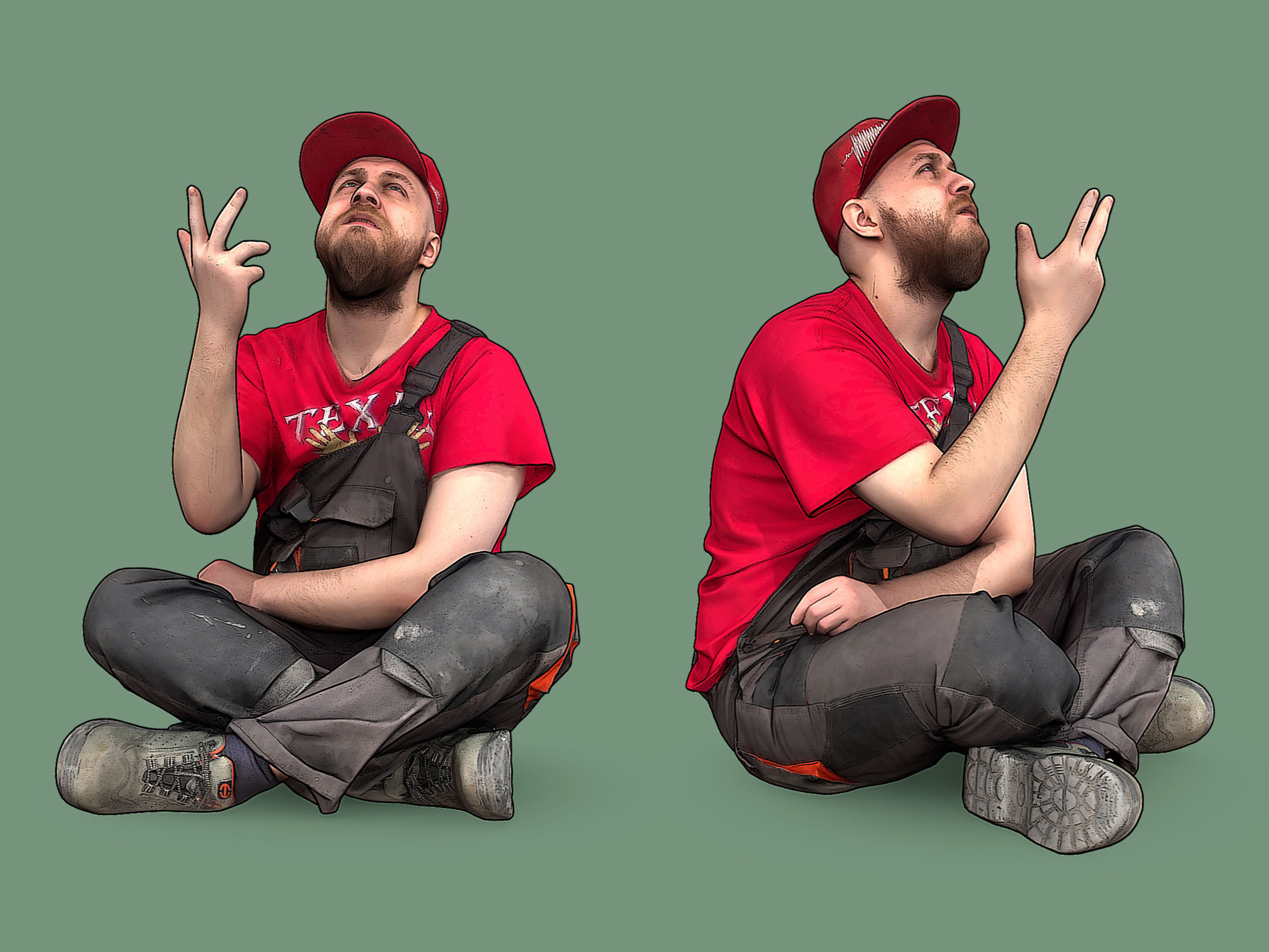 Bald Worker in Overalls and Red T-shirt 3D Model Collection_14