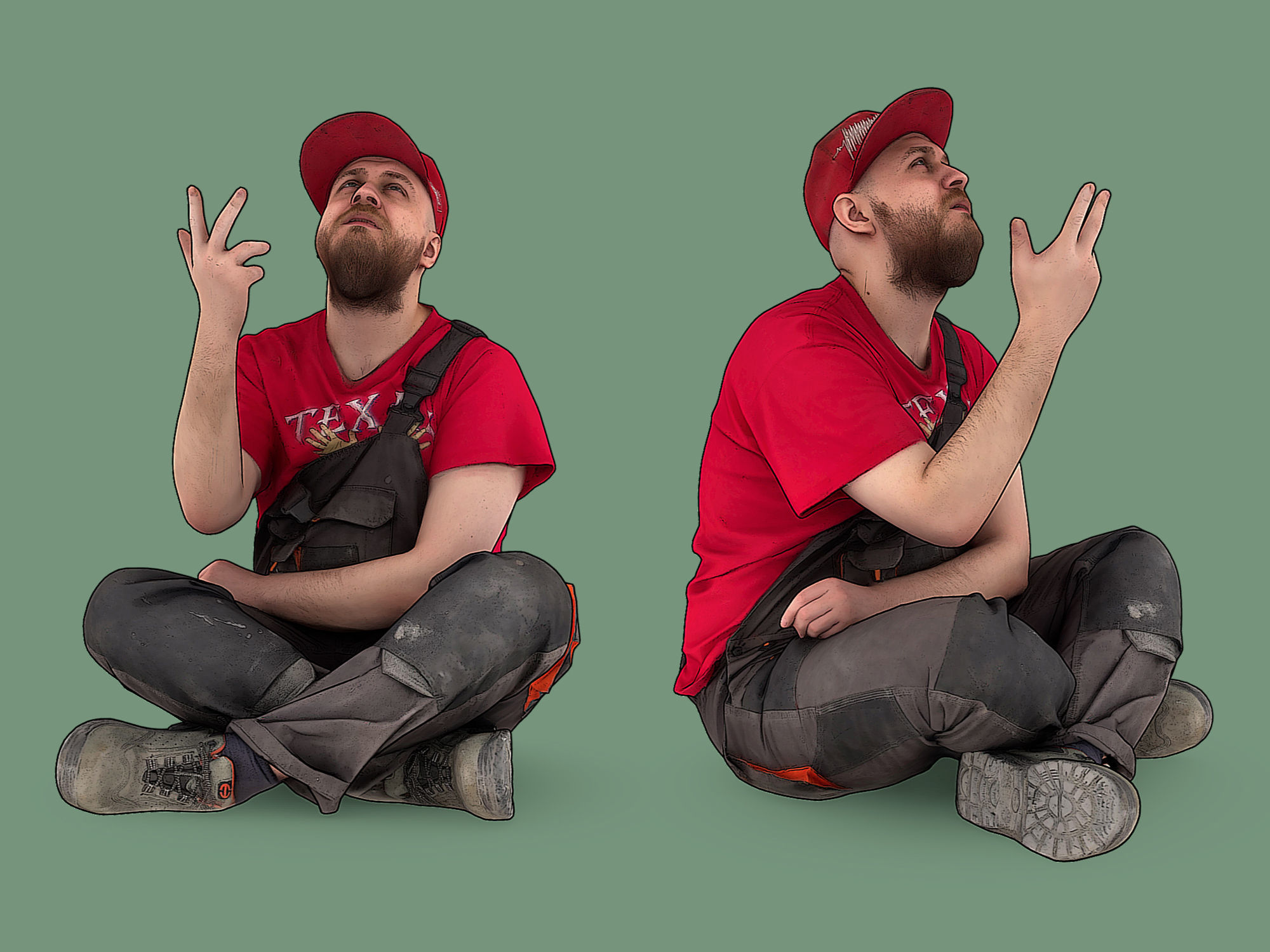 Bald Worker in Overalls and Red T-shirt 3D Model Collection_15