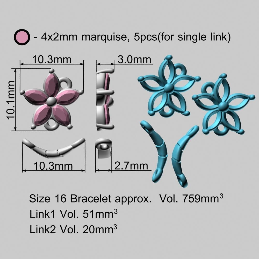 Sakura Flower Marquises Gold Bracelet or Necklace Links 3D print model_21