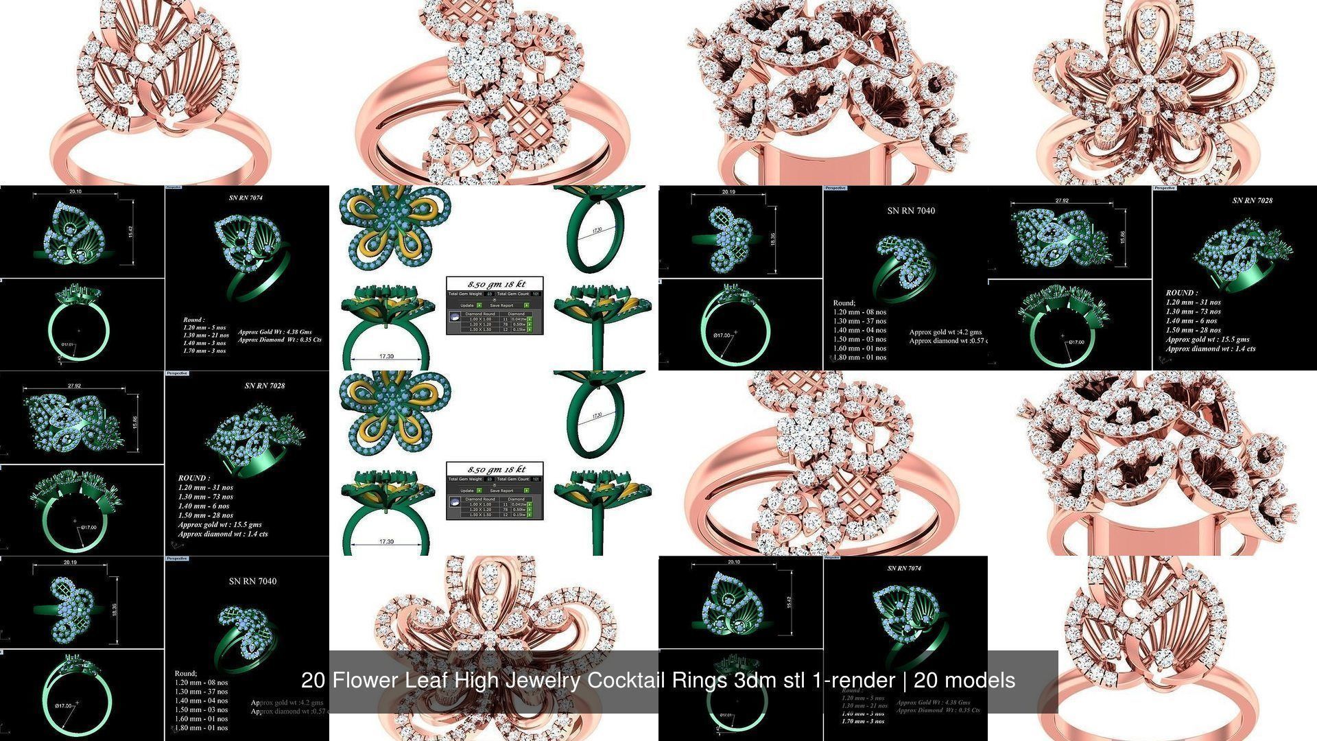 20 Flower Leaf High Jewelry Cocktail Rings 3dm stl 1-render 3D Model Collection_4