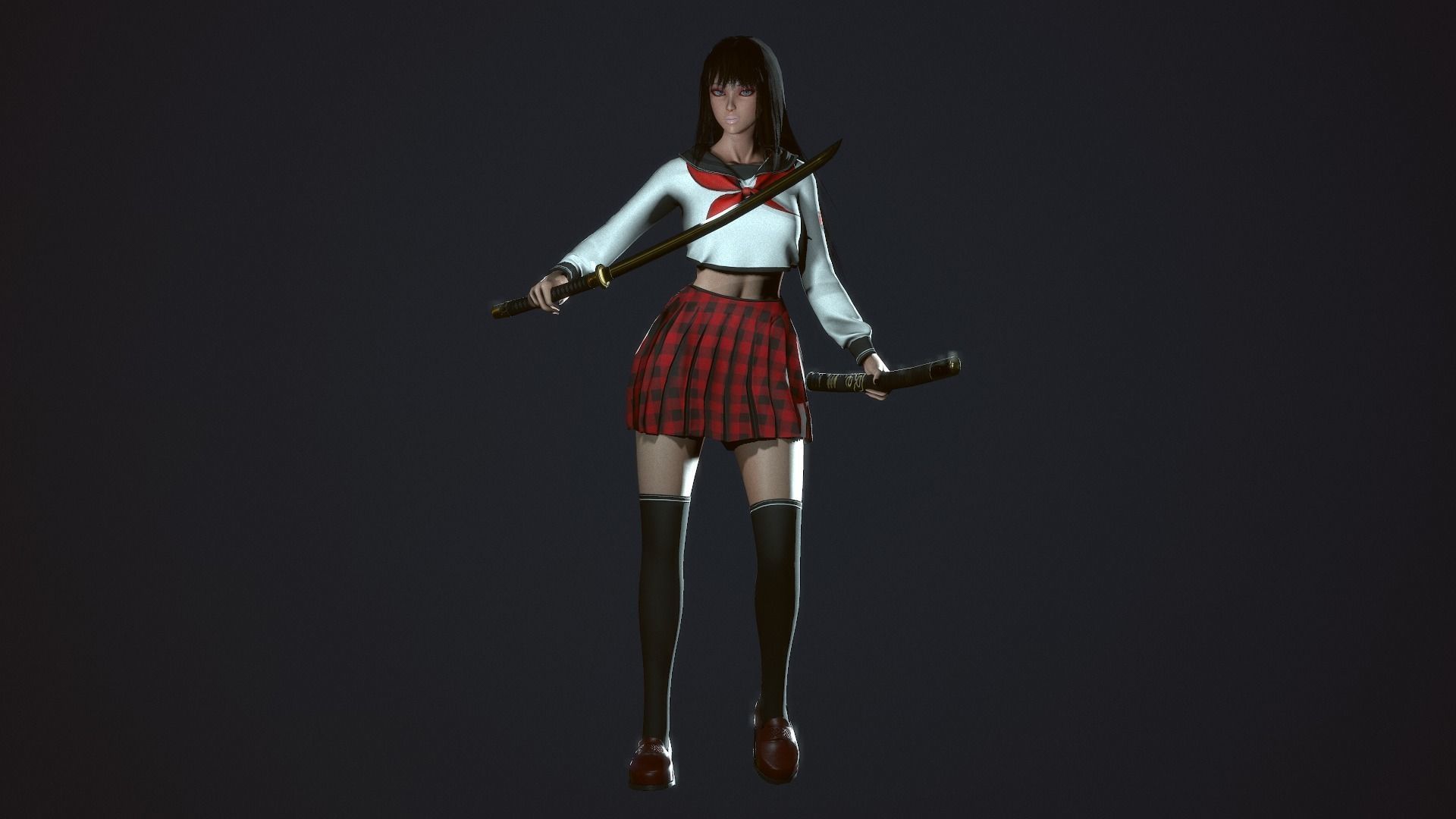 Japanese School Girl - Game Ready Low-poly 3D model_8