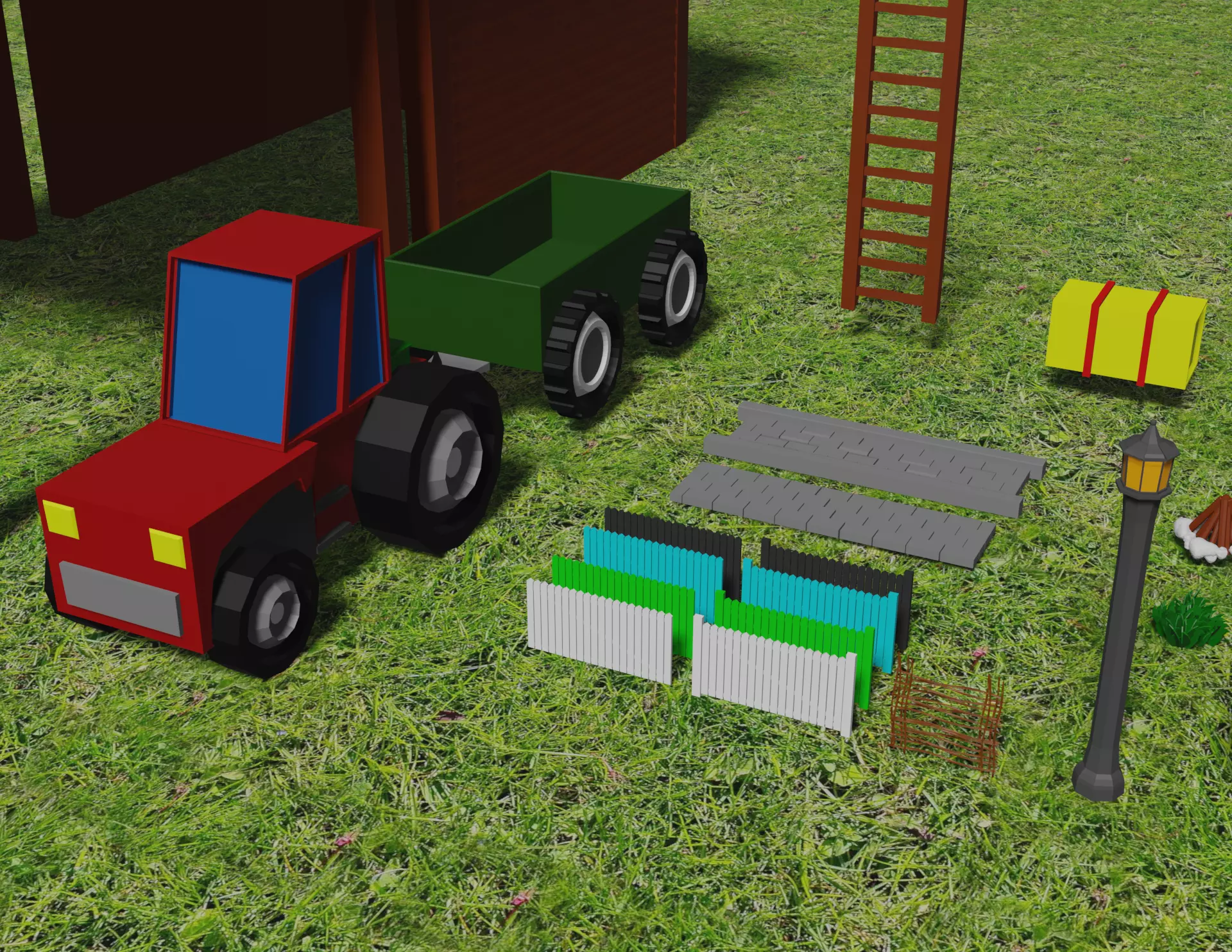 Farm low poly with animals and tractor Free low-poly 3D model