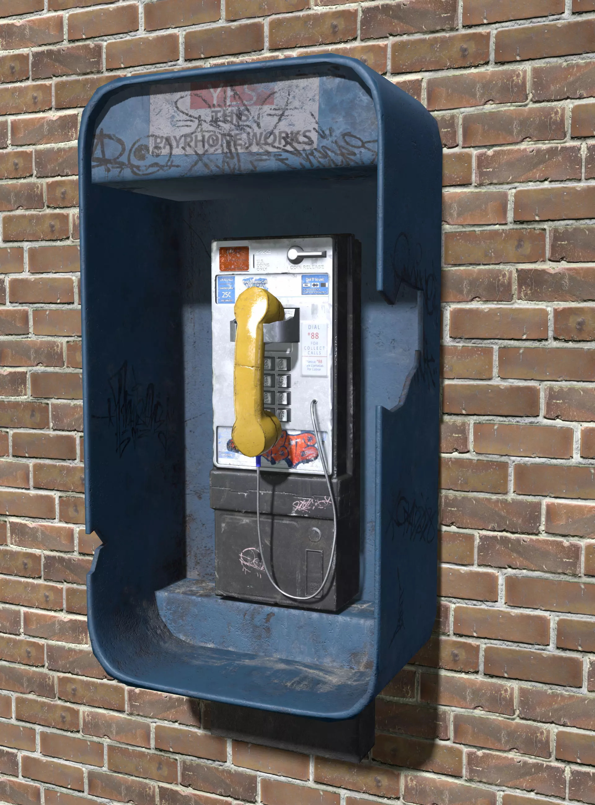 Payphone with graffiti Low-poly 3D model_0