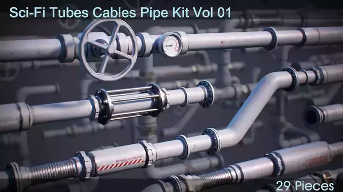 Sci-Fi Tubes Cables Pipe Kit Vol 01-PBR Low-poly 3D model