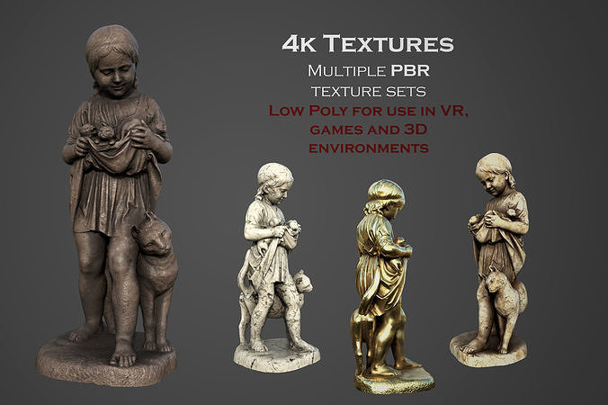 statue of A Little Girl With Kittens Low-poly 3D model