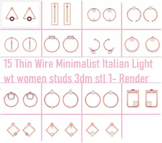 15 Thin Wire Minimalist Italian Light wt women studs 3dm stl  3D Model Collection