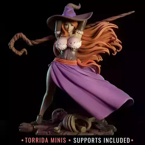 Sorceress figure of witch holding skeleton 3D print model