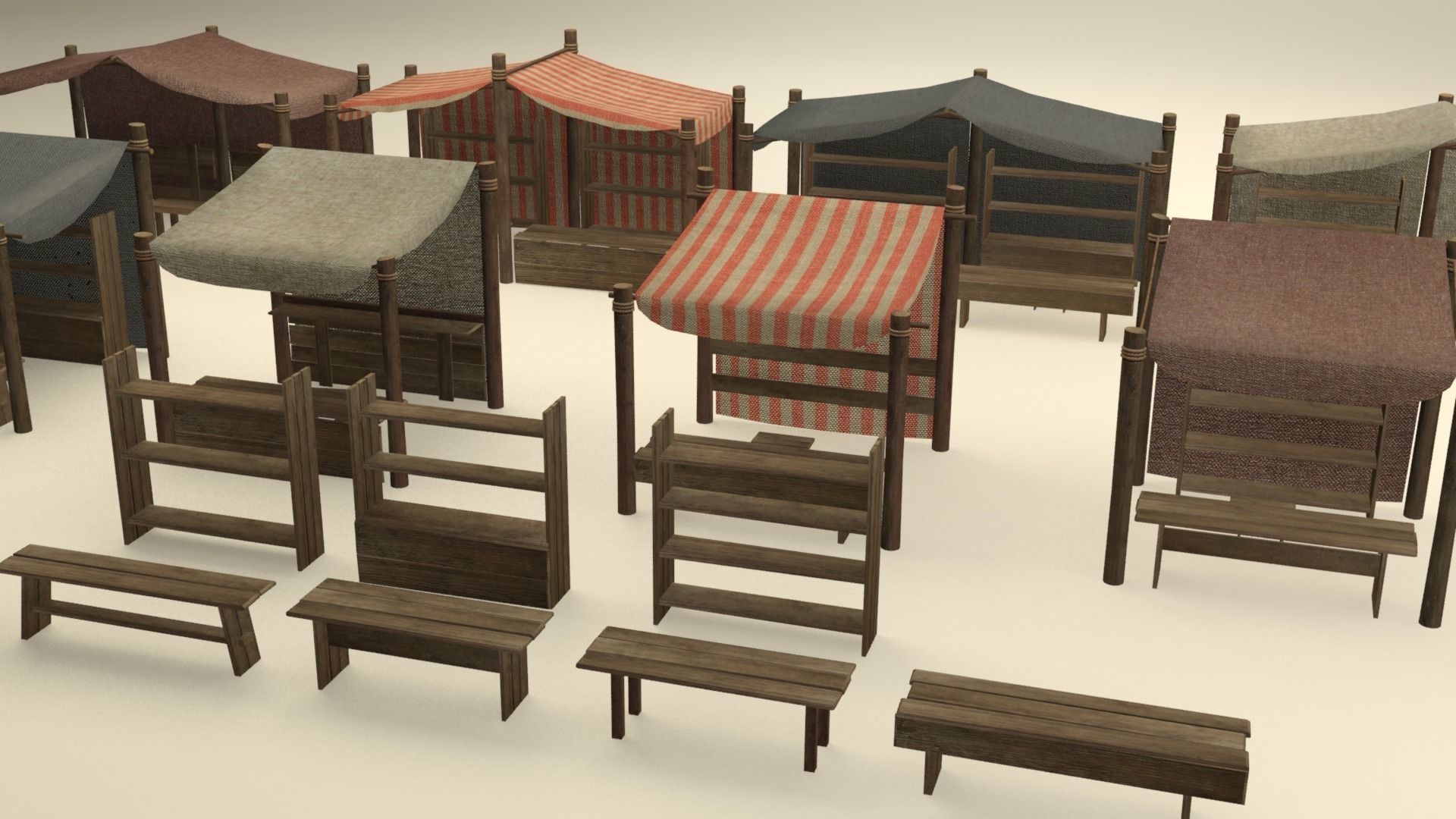 Medieval street markets modular collection Low-poly 3D model_2