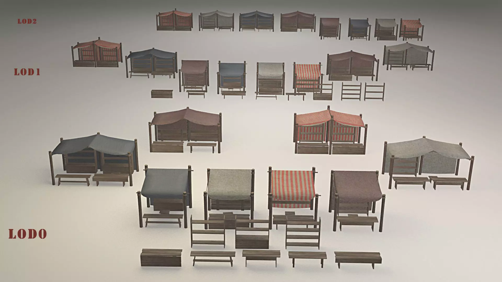 Medieval street markets modular collection Low-poly 3D model_0