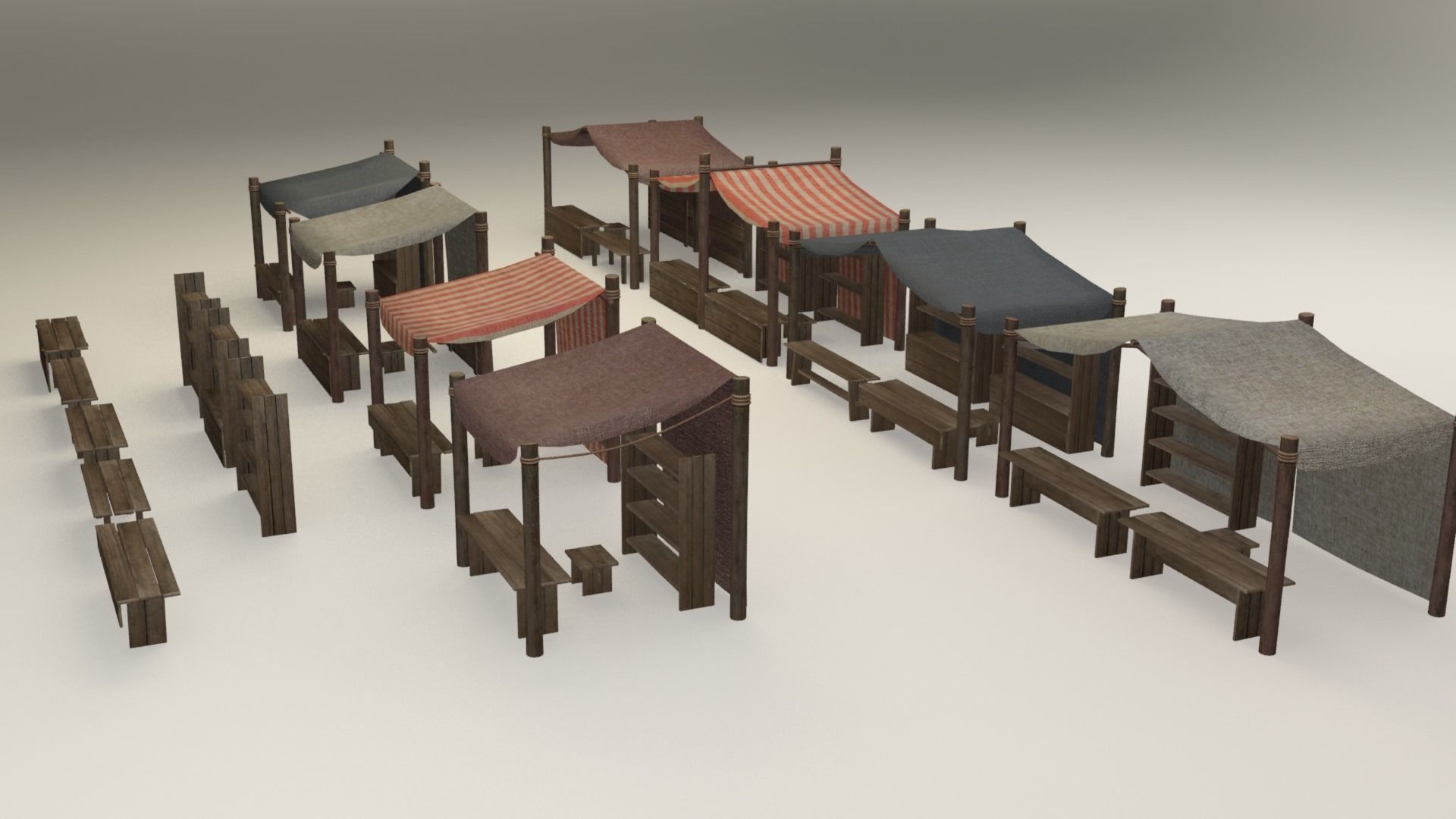 Medieval street markets modular collection Low-poly 3D model_4