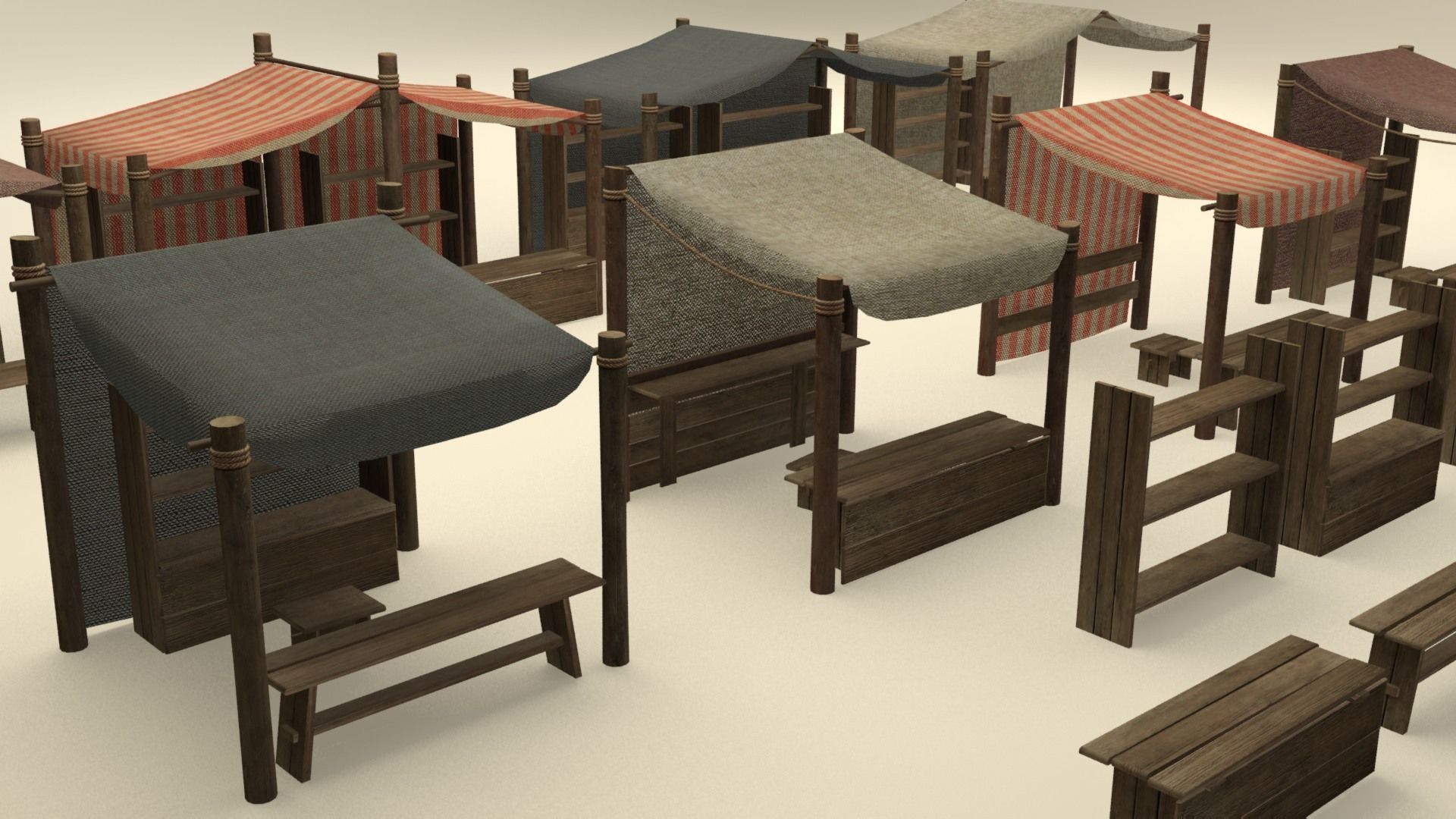 Medieval street markets modular collection Low-poly 3D model_7