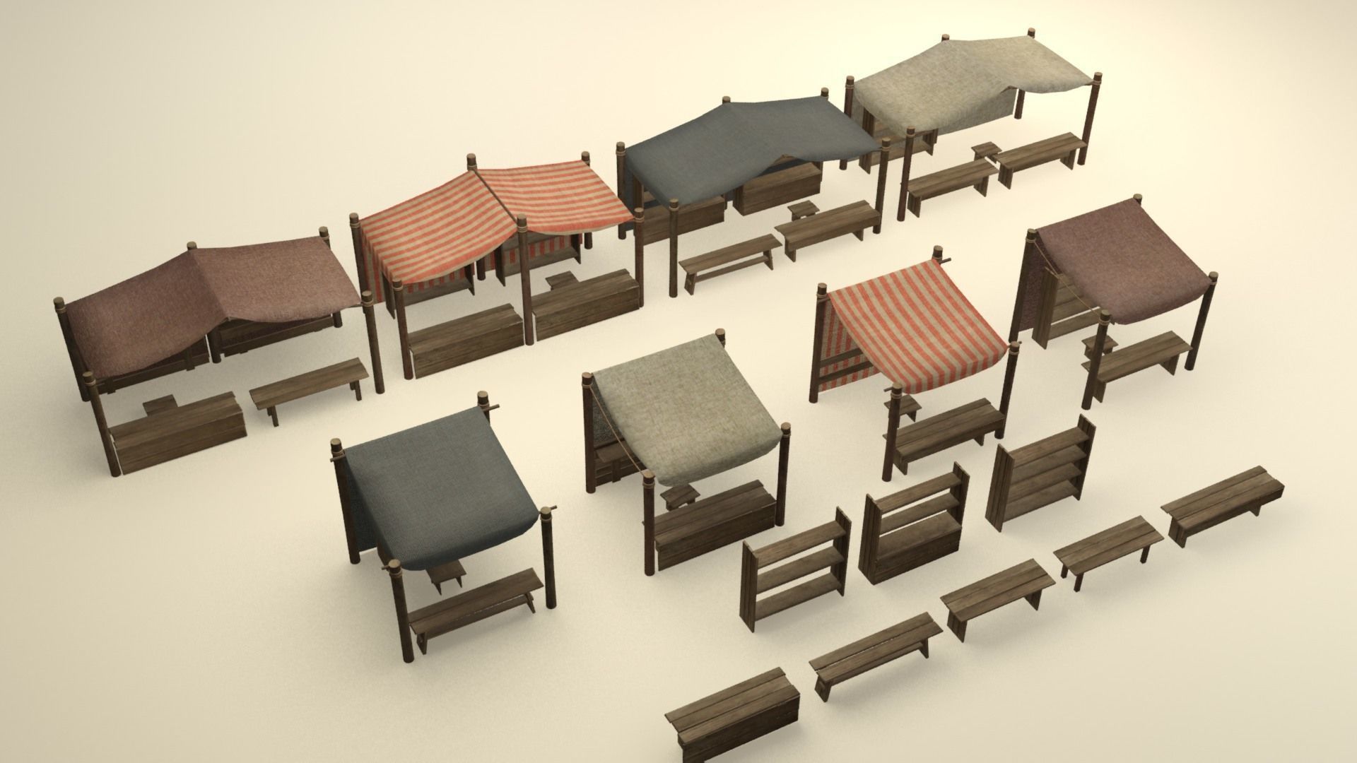 Medieval street markets modular collection Low-poly 3D model_3