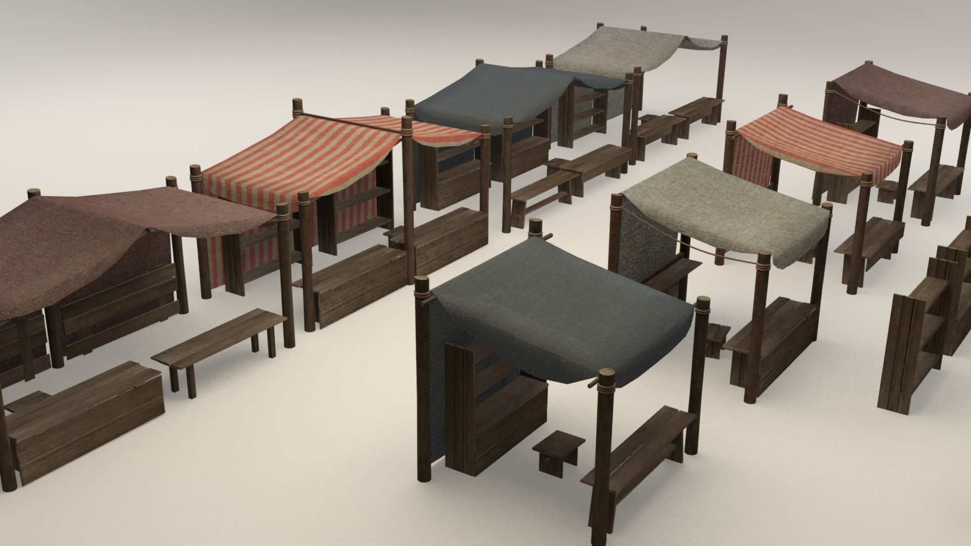 Medieval street markets modular collection Low-poly 3D model_5
