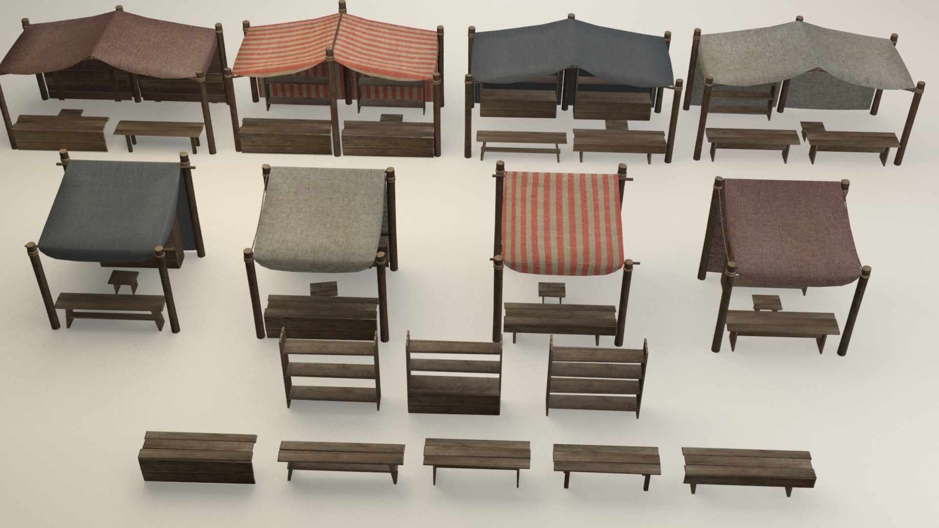 Medieval street markets modular collection Low-poly 3D model_1