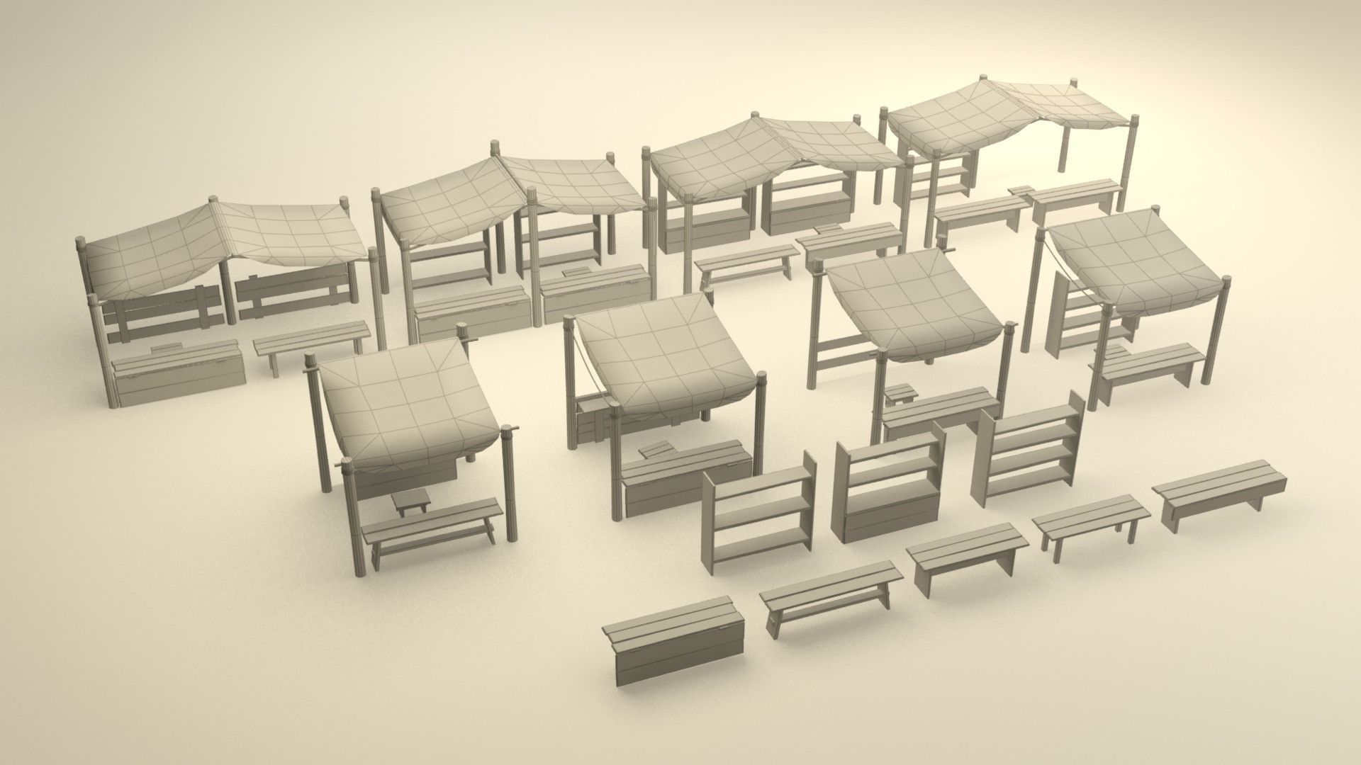 Medieval street markets modular collection Low-poly 3D model_11