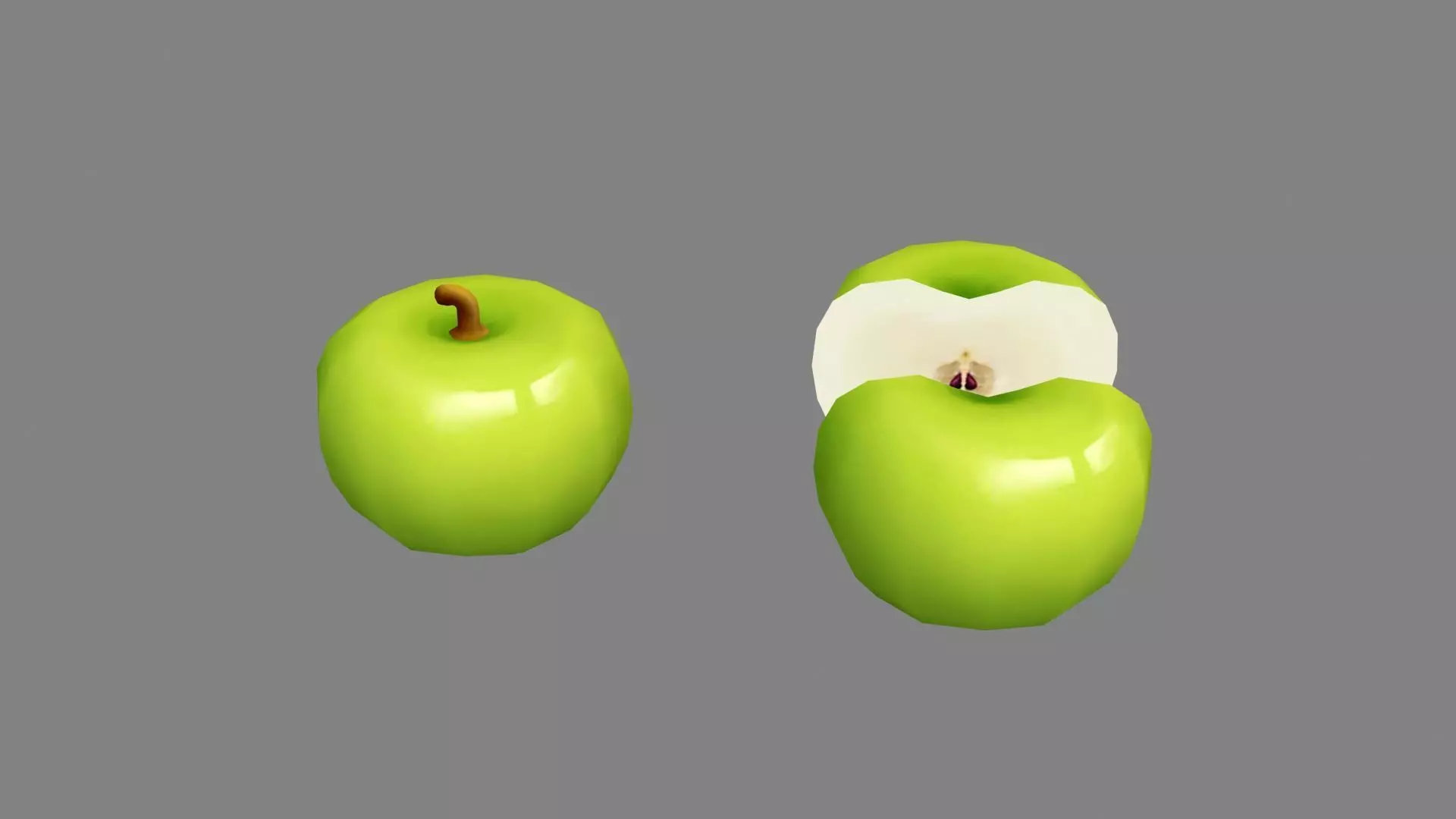 Cartoon green apple and slice Low-poly 3D model_0