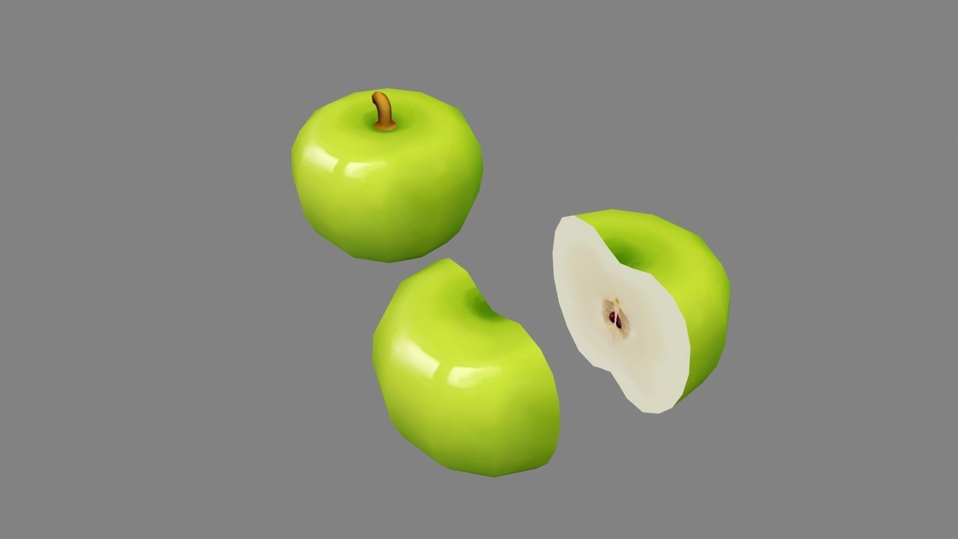 Cartoon green apple and slice Low-poly 3D model_1