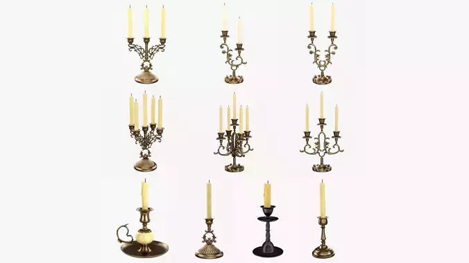Antique candlesticks with candles 3D Model Collection