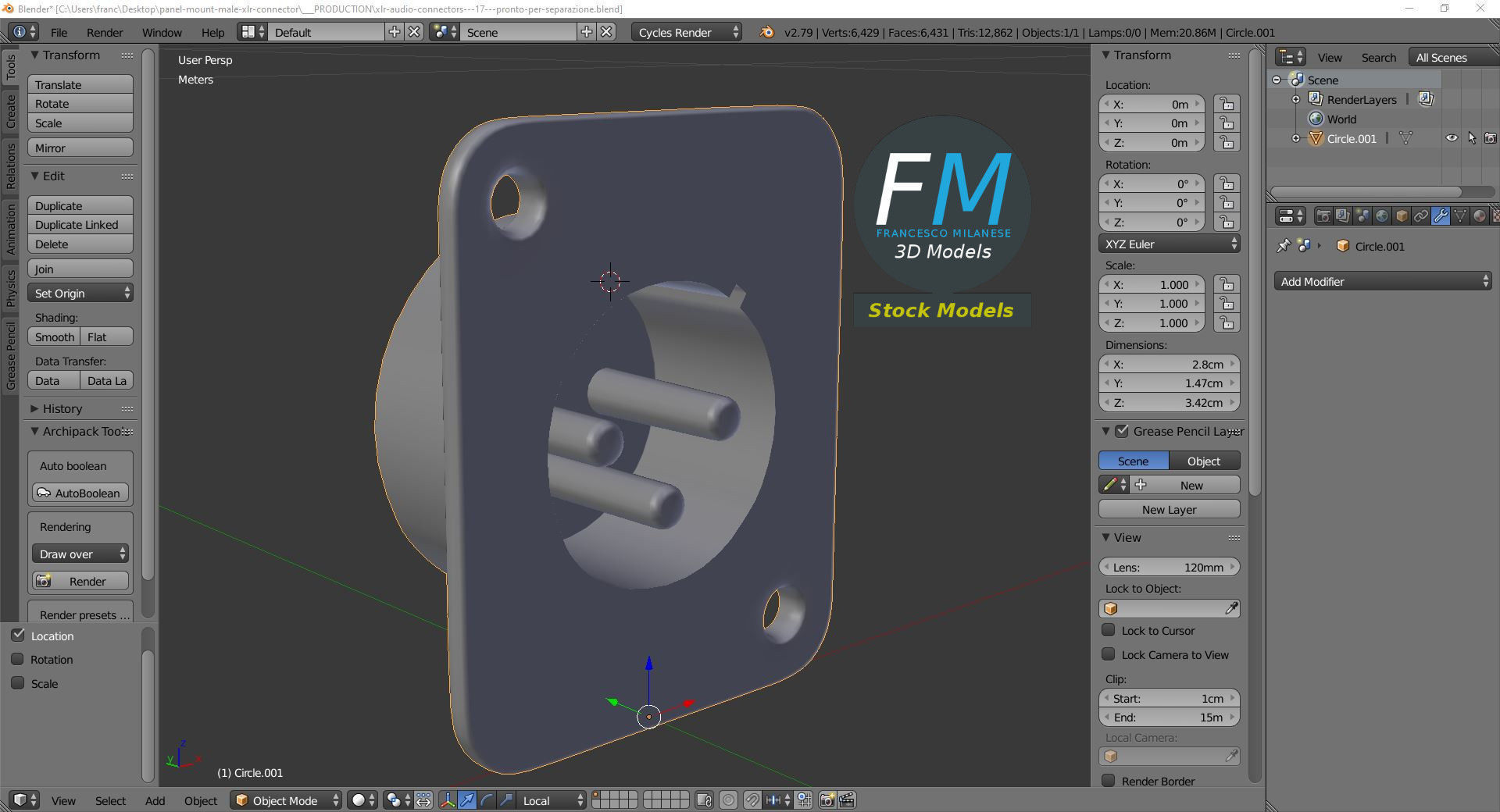 Panel mount male xlr connector 3D model_9