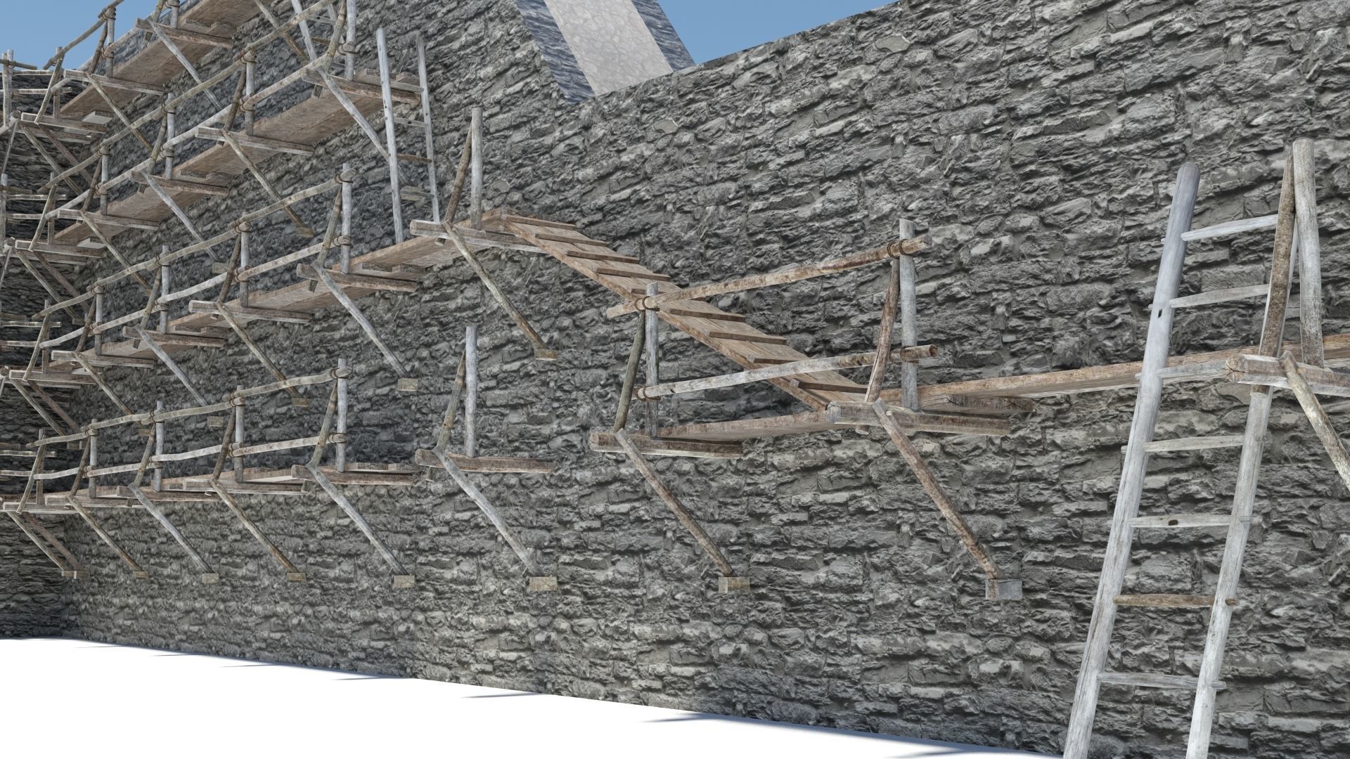 Modular medieval wooden scaffolding Low-poly 3D model_4