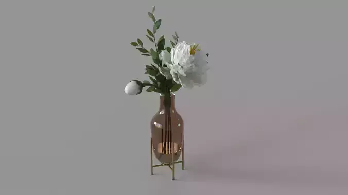 Peony In Glass Vase With Brass Stand Cream