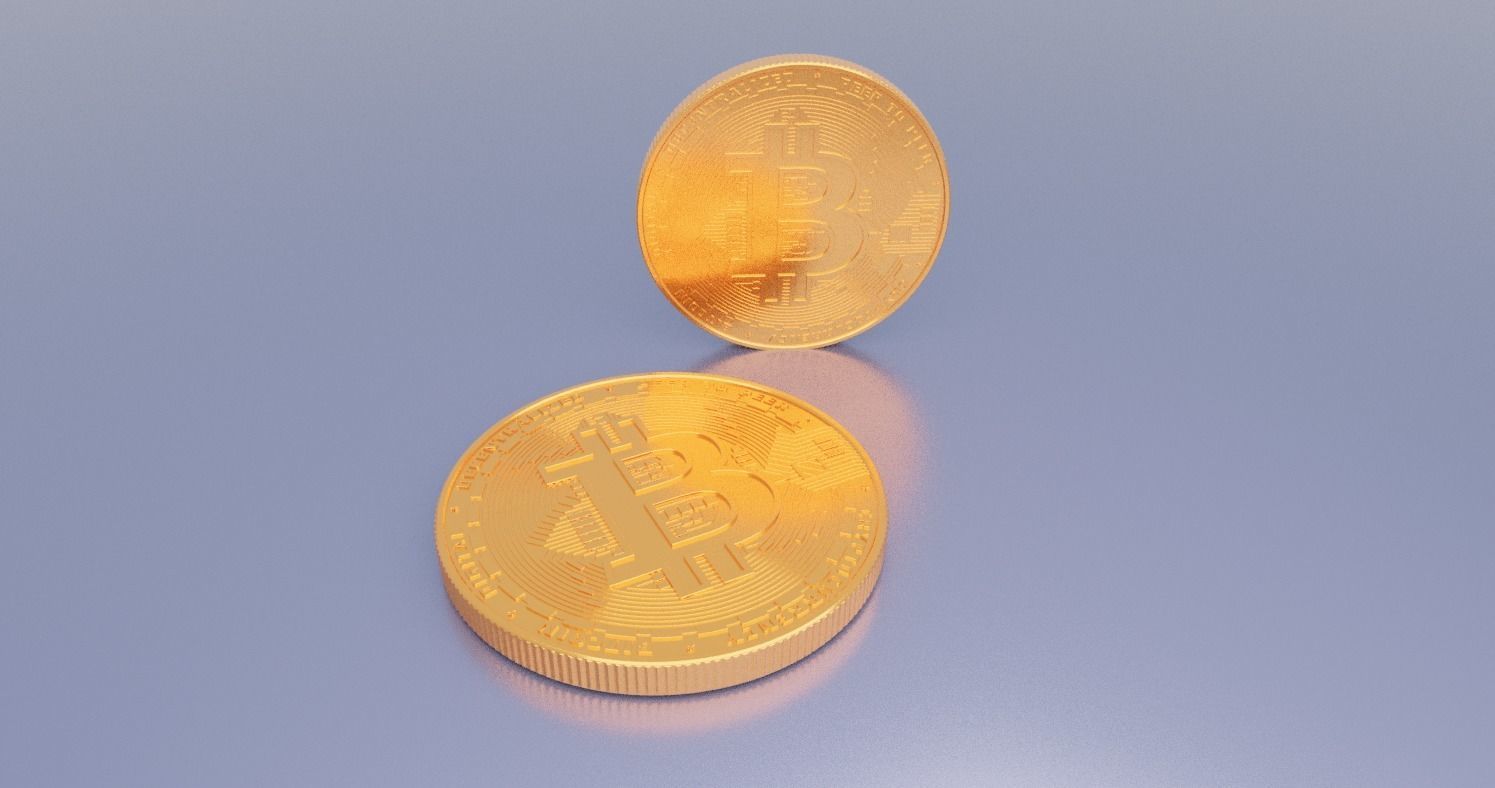 Bitcoin two gold coins 3D model_1