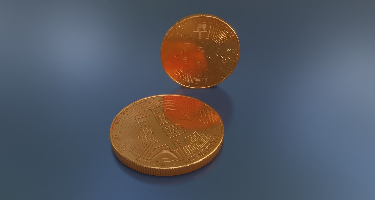 Bitcoin two gold coins 3D model_2