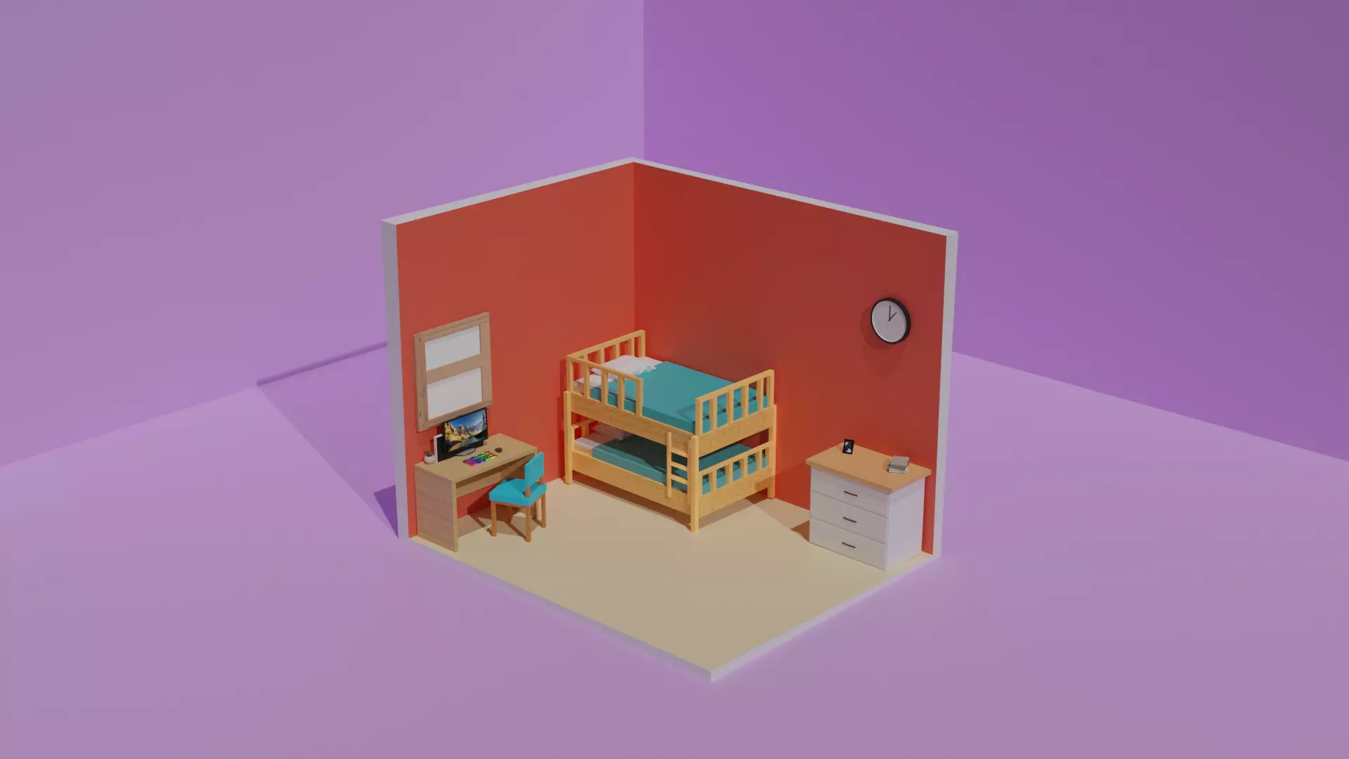 bedroom room with bed and desk 3D model_0