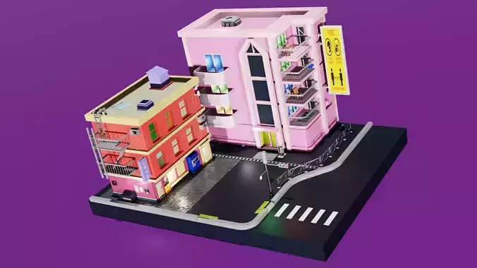 low poly street building
