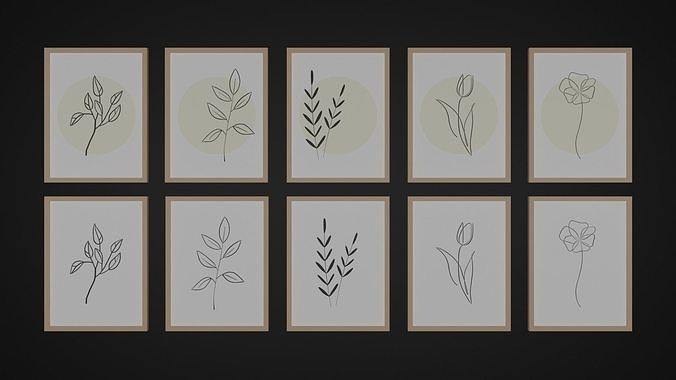 Paintings five framed drawings of flowers and leaves Low-poly 3D model
