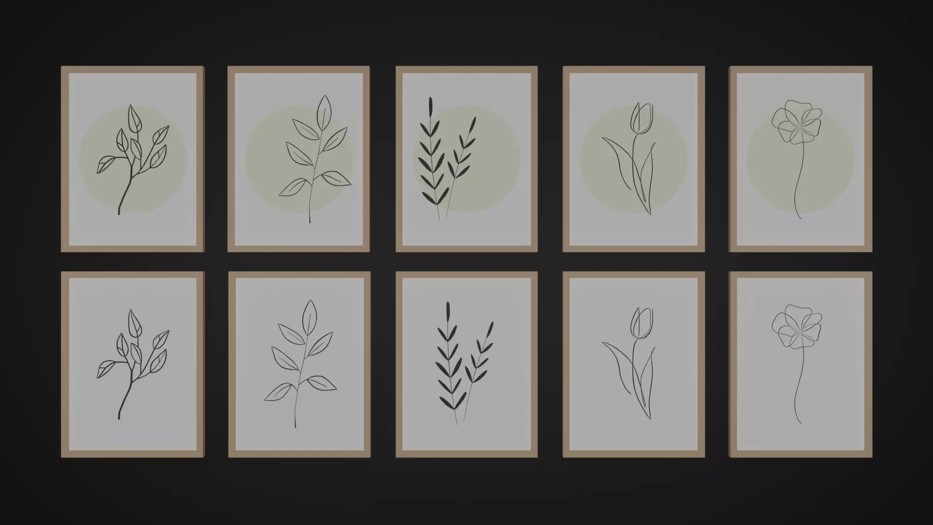 Paintings five framed drawings of flowers and leaves Low-poly 3D model_0
