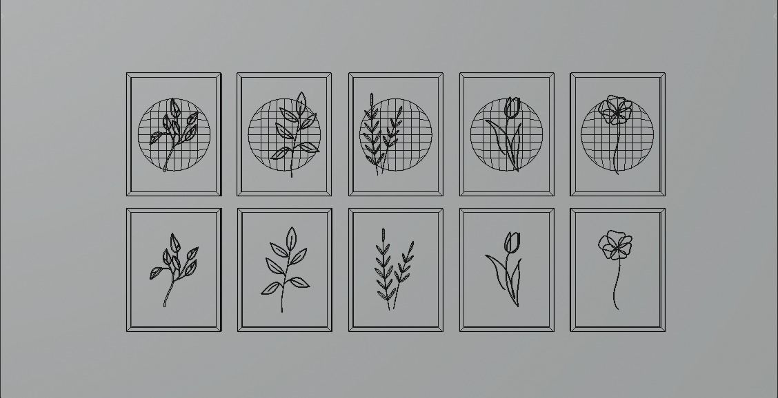 Paintings five framed drawings of flowers and leaves Low-poly 3D model_8