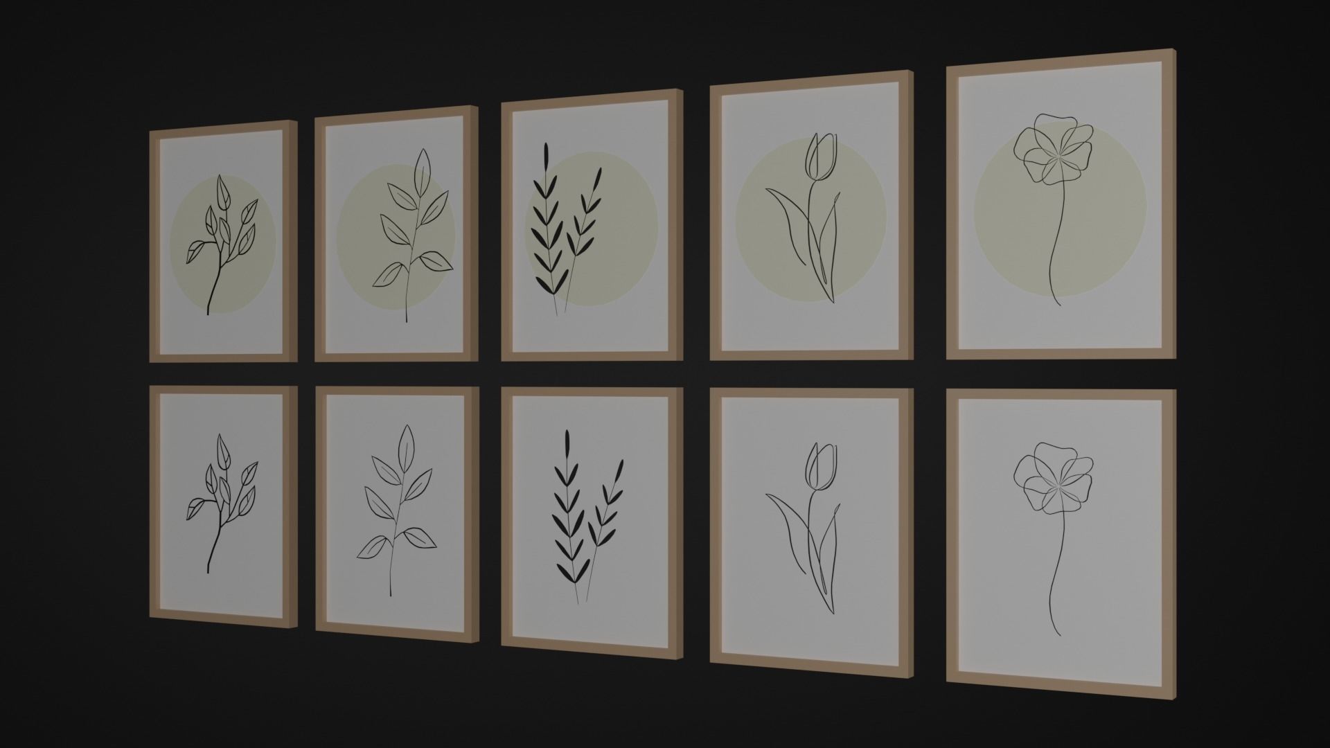 Paintings five framed drawings of flowers and leaves Low-poly 3D model_1