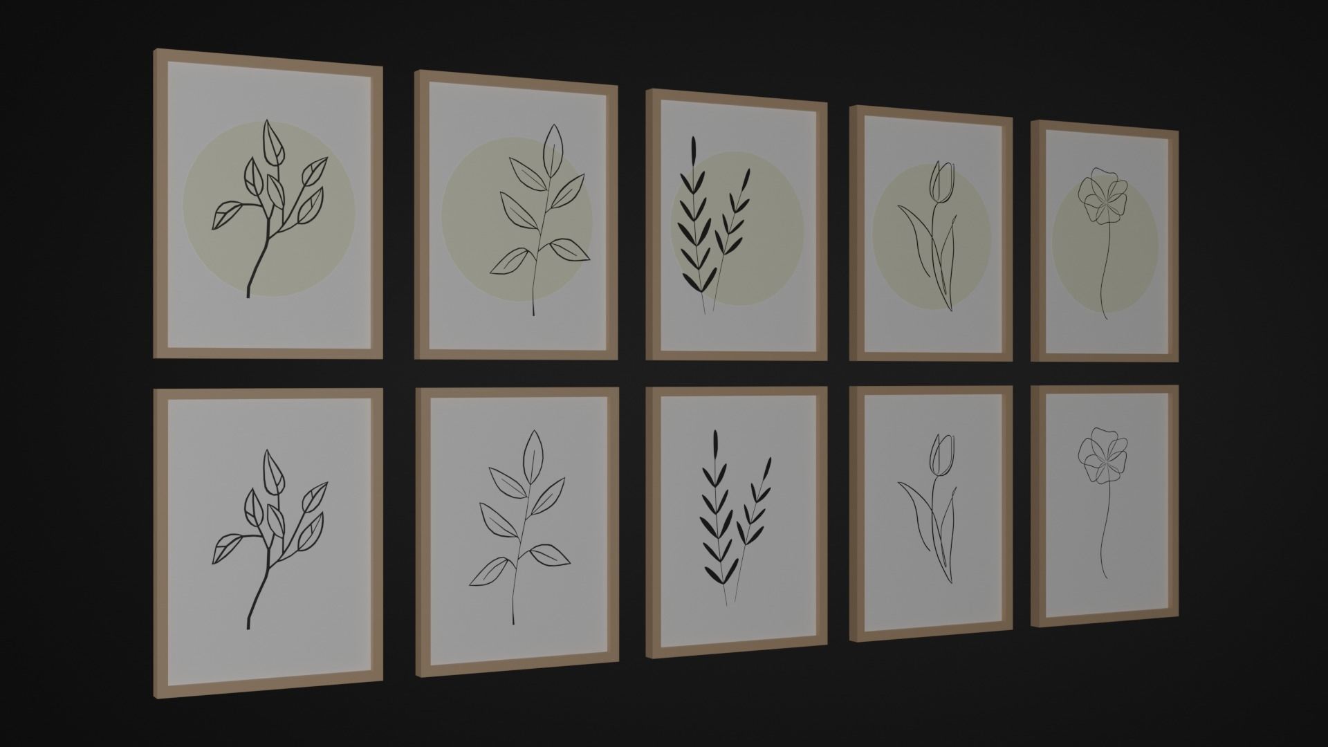 Paintings five framed drawings of flowers and leaves Low-poly 3D model_2