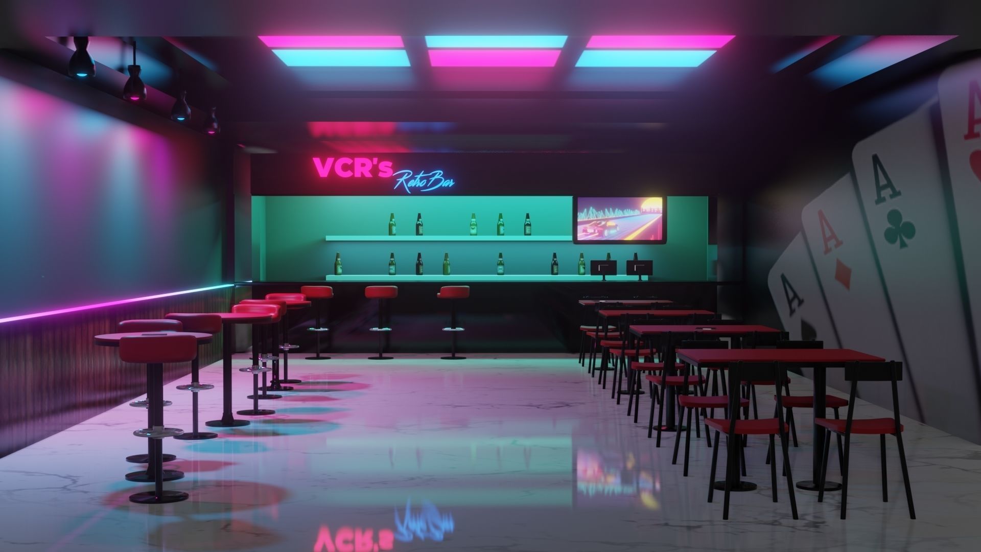 Retro Style Bar Interior  Low-poly 3D model_2