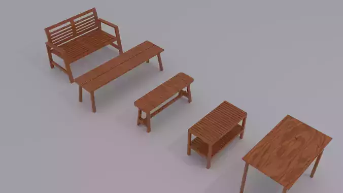 3d Furniture set of wooden benches