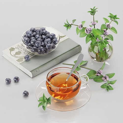 set tea cup of with mint leaves 3D model