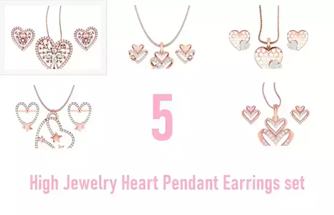 5 High Jewelry Heart Pendant Earrings set 3dm stl 1-render