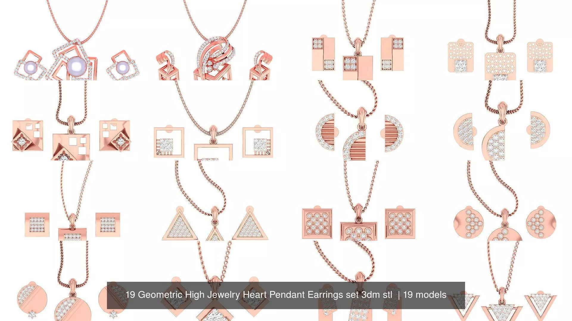 19 Geometric High Jewelry Heart Pendant Earrings set 3dm stl 3D Model Collection_0