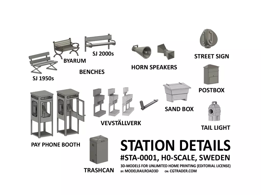 STA-0001 Station set for Sweden H0-scale 16 items 3D print model_0