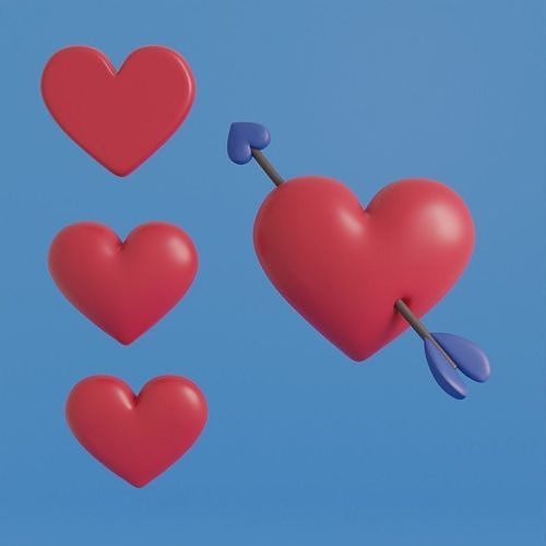 Multiple cartoon hearts with arrow low poly Low-poly 3D model