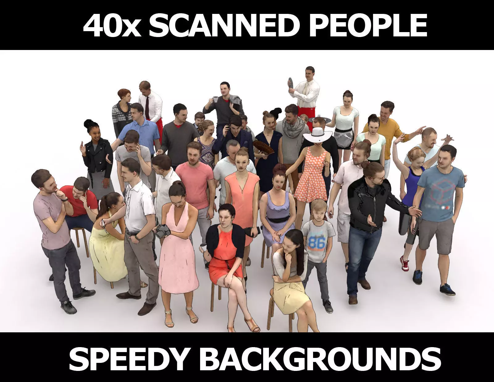 40x Crowds Scanned Casual 12 Summer Cafe Sitting People Low-poly 3D model