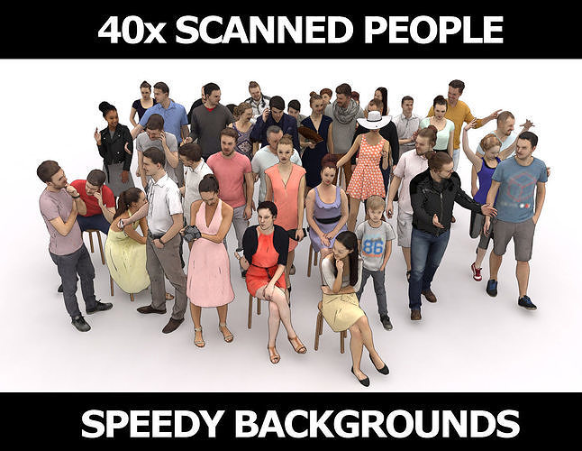 40x Crowds Scanned Casual 12 Summer Elegant Sitting People Low-poly 3D model