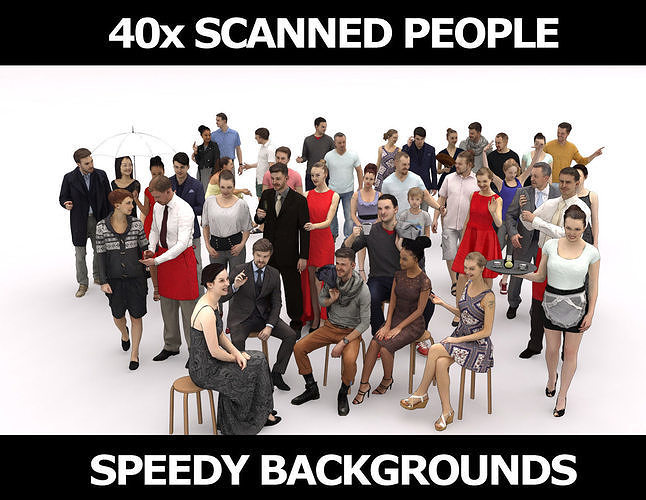 40x Crowds Scanned Casual Elegant 2 Summer Cafe Sitting People Low-poly 3D model