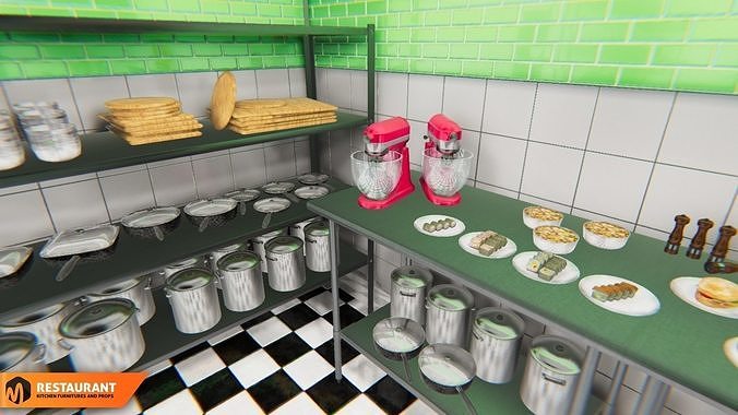 Restaurant kitchen - interior and props 3D model 2