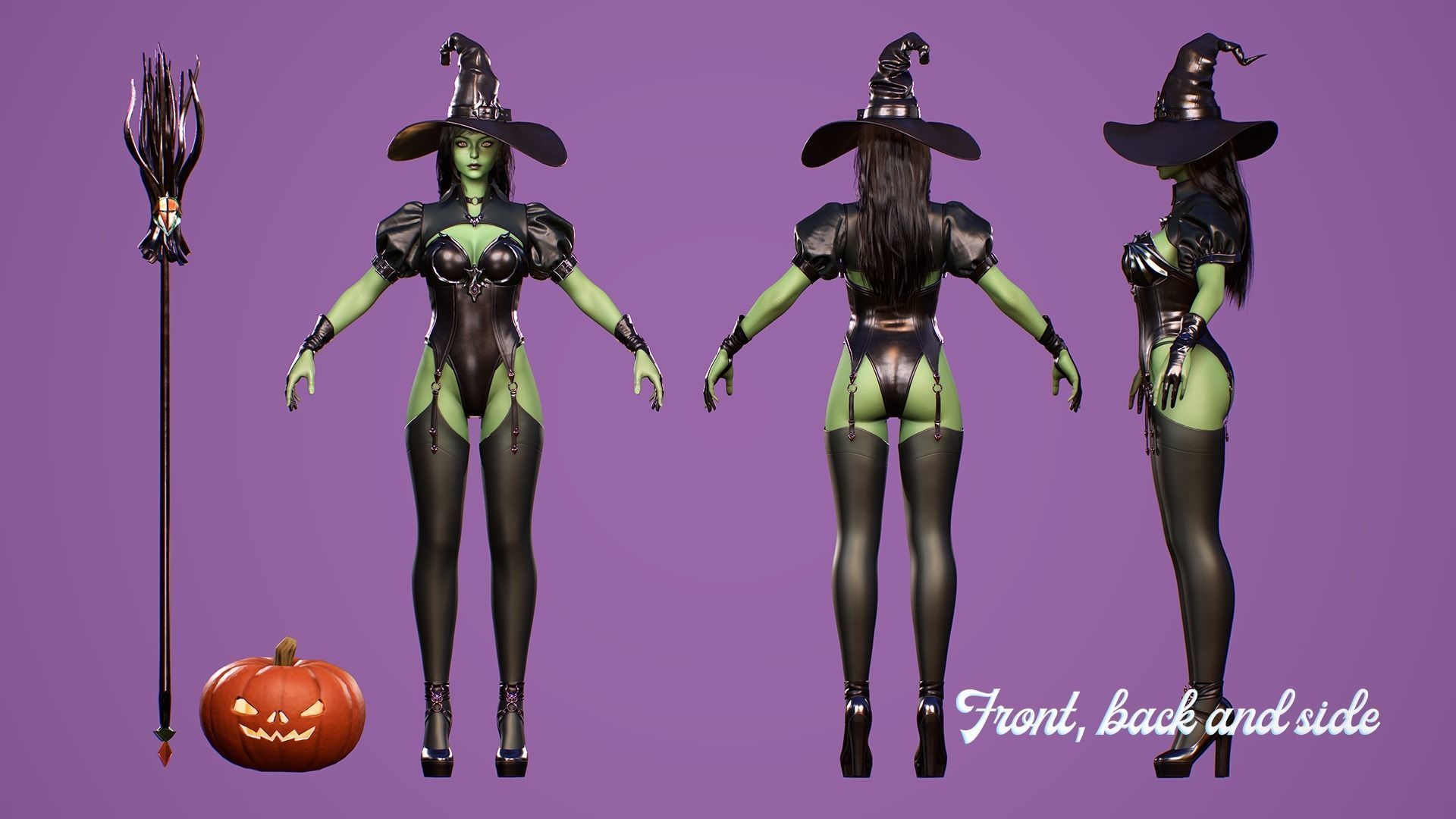 Evil Halloween Witch - Cute  Wizard Sorcerer Mage Cartoon Girl Low-poly 3D model_7