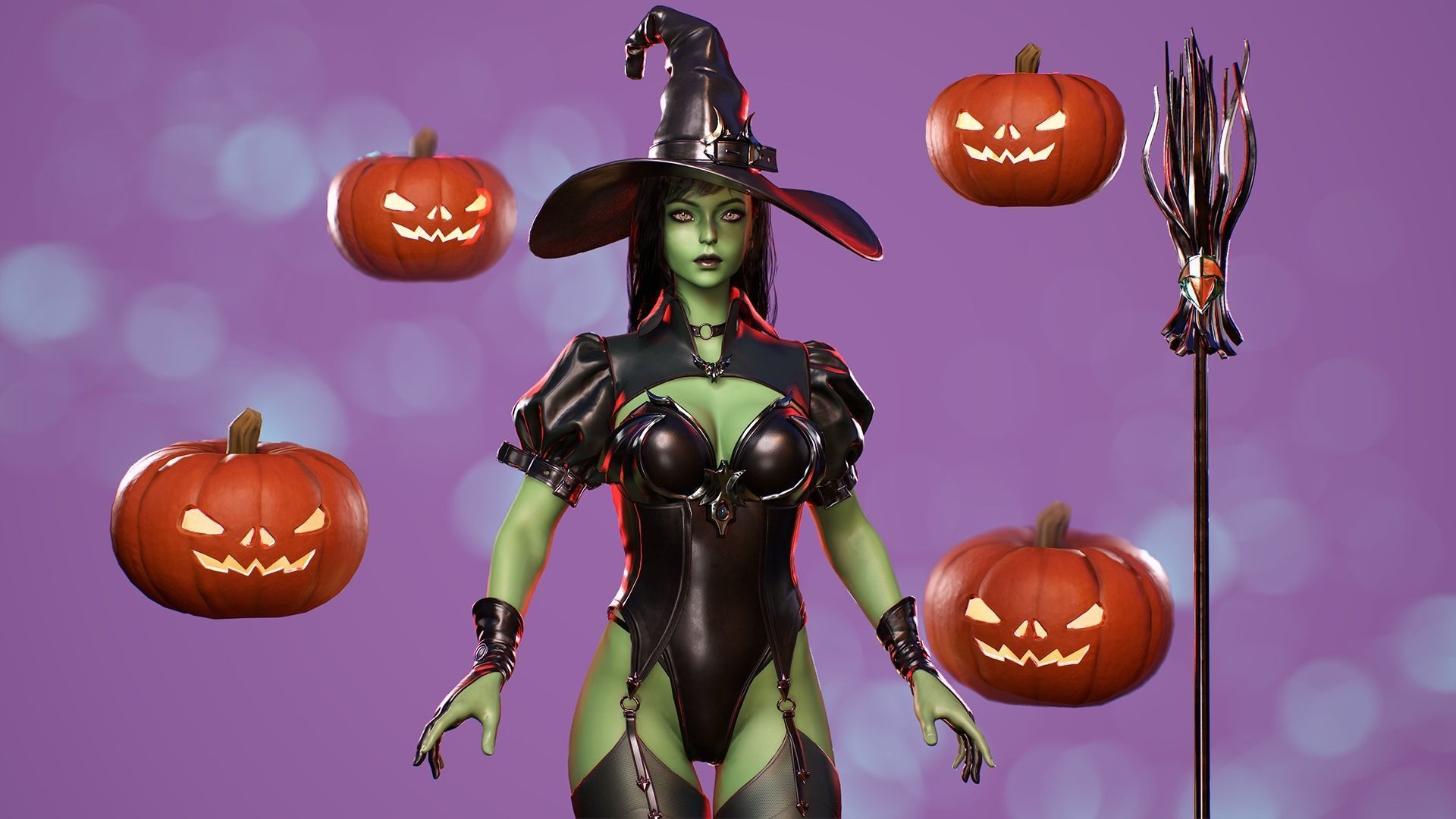 Evil Halloween Witch - Cute  Wizard Sorcerer Mage Cartoon Girl Low-poly 3D model_5