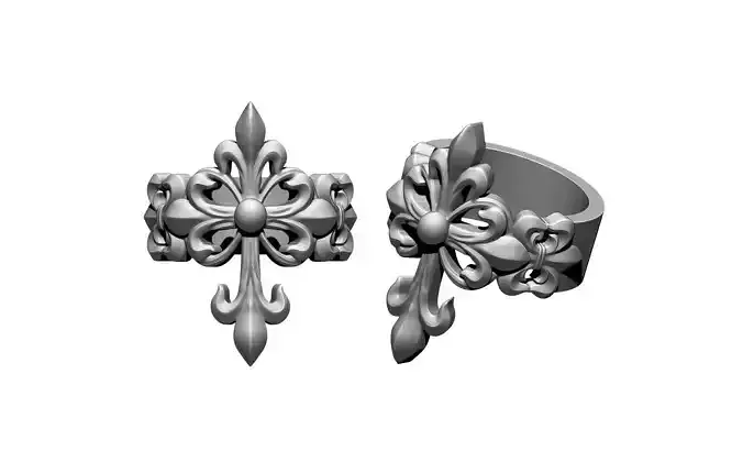 Fleur de Lis floral carved pattern ring