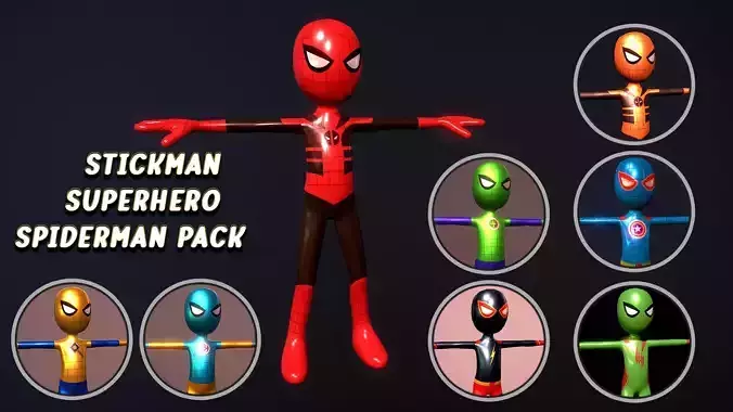 Low poly StickMan Superhero spiderman Pack Rigged 3D model Low-poly 3D model