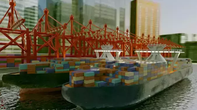 Realistic Port Terminal with cargo-container 3D model